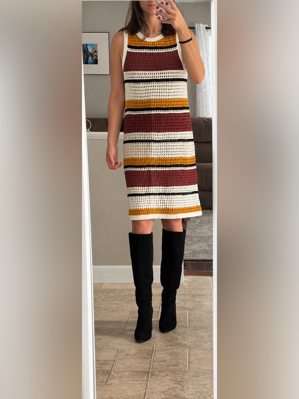 NWT Nine West Crochet Striped Midi Dress Burgundy Mustard Boho Fall Sz M